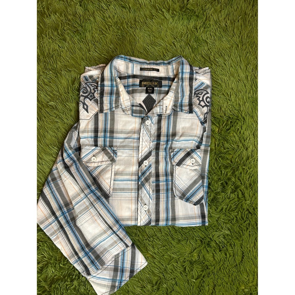 Helix Shirt Mens XXL White Plaid Tribal Embroidered Athletic Fit Button Down Y2K